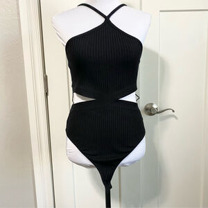 Zara black halter cutout sexy ribbed bodysuit cross cross back NWT size large